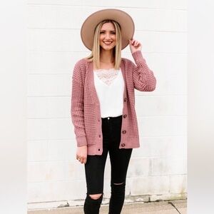 Zenana Outfitters Cardigan Cotton Boutique Waffle Knit Button-Down Rose Large